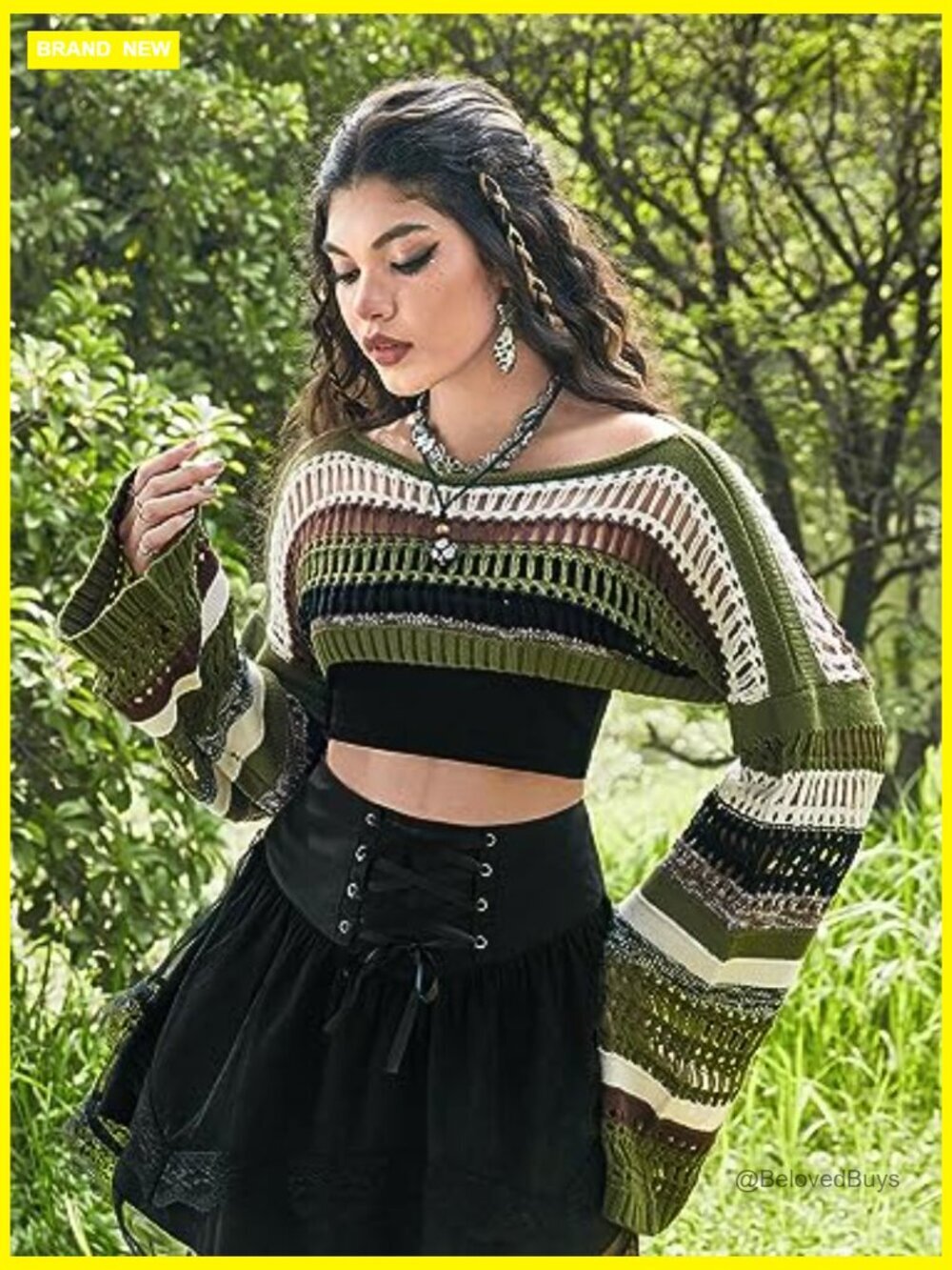 Striped Crochet Shrug Boat Neck Crop Sweater Colorblock Drop Shoulder Pullover - Picture 3 of 7